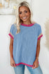 Retro Vibe Contrast Trim Corded Knit Short Sleeve Top